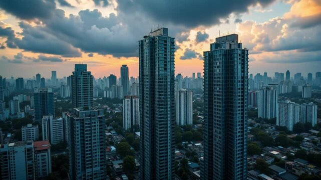 Experience Mumbai's financial district of Lalbag-Parel from above, showcasing skyscrapers under monsoon clouds pierced by sunlight in stunning 4k footage.