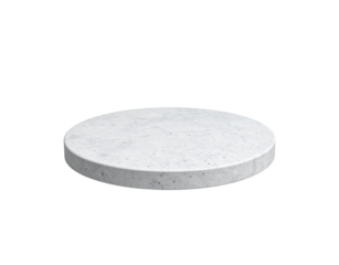 A circular white marble podium with a natural stone texture Angled view of a product display stand or pedestal.