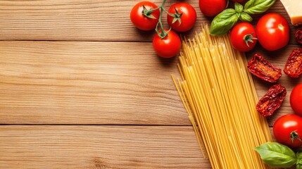 Pasta and fresh tomatoes on wood