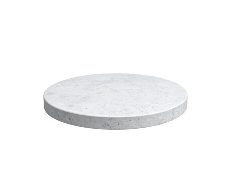 A circular white marble podium with a natural stone texture Angled view of a product display stand or pedestal.