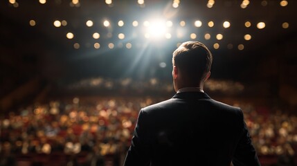 Business speaker presenting on stage, conveying leadership and vision with dynamic presence