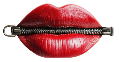 Red lips with metal zipper symbolize silence and secrecy, creating striking visual metaphor., isolated