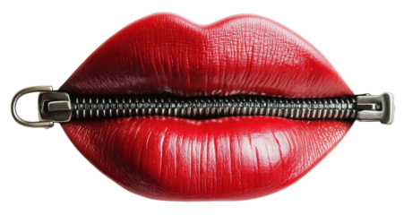 Red lips with metal zipper symbolize silence and secrecy, creating striking visual metaphor., isolated