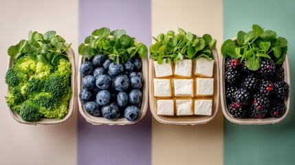 Fototapeta premium Four trays with broccoli, blueberries, cheese cubes, and blackberries on a colorful background.