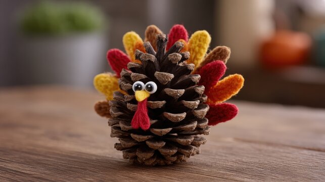 A handmade turkey craft made from a pine cone and felt, featuring colorful feathers and googly eyes, sits on a wooden table.