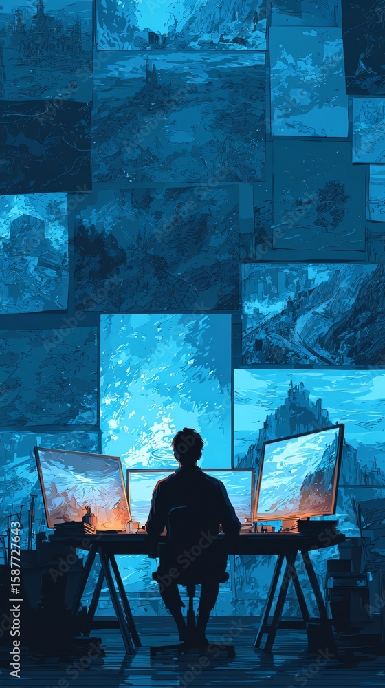 Poster man working on computer surrounded by landscape illustrations
