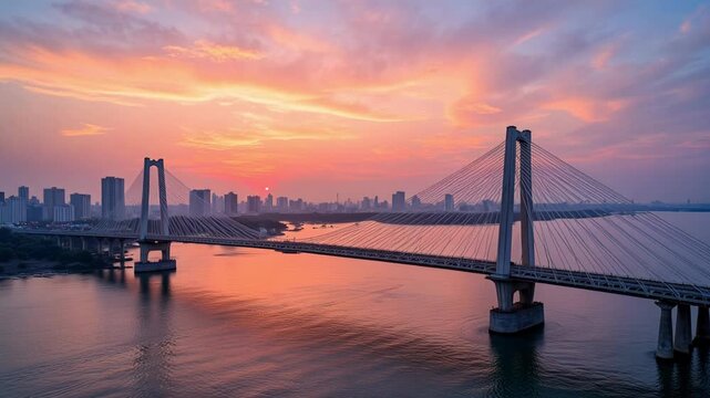 Experience the vibrant urban energy of Mumbai at sunset with this aerial view of the Bandra Worli Sea Link and stunning skyline.