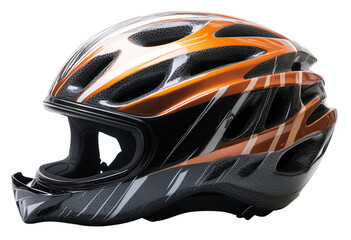Fototapeta premium Sleek and modern biker helmet with glossy orange and black design, featuring aerodynamic vents and sturdy chin guard for enhanced protection and style., isolated
