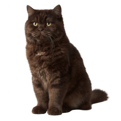 Obraz premium A fluffy brown cat sitting gracefully against a white isolate background, showcasing its captivating amber eyes and unique fur texture.