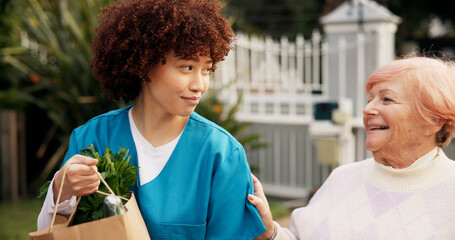 Home, groceries and senior woman with help for assistance, support and care walking to door....