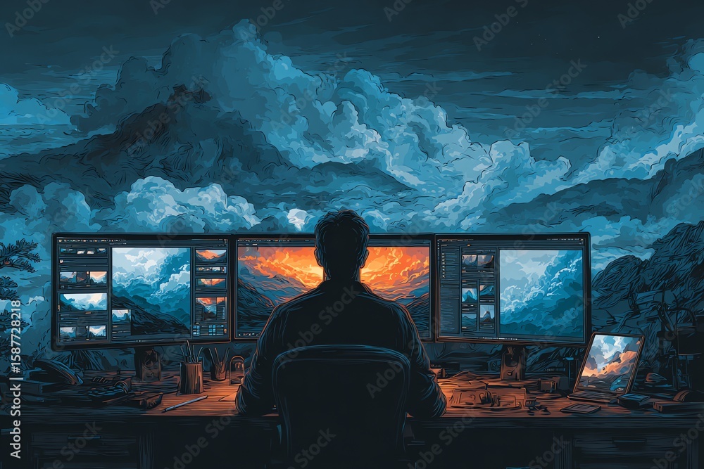 Aufkleber man working on landscape images using multiple monitors