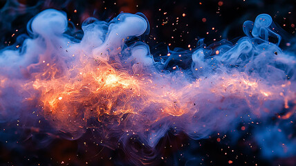 Explosion of colorful smoke and sparkling embers.
Dynamic mix of blue smoke and orange light.