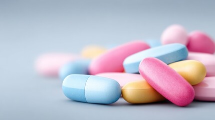 Colorful pills and tablets scattered on a smooth surface, showcasing various hues and shapes against a light background.