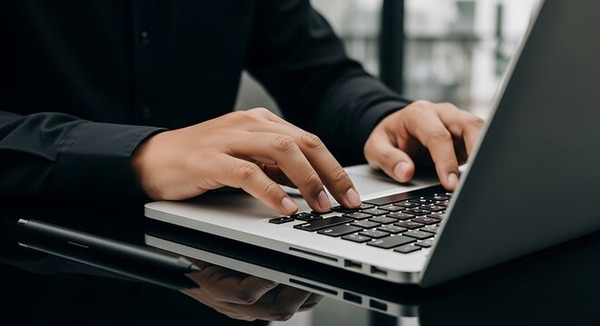 Hands Typing on Laptop Keyboard, Black Shirt, Modern Technology and Work
