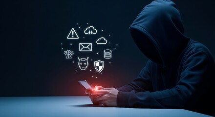 Hooded Figure Using Smartphone with Cyber Security Icons, Dark Background