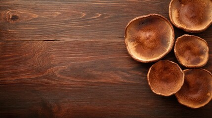 Wooden dishes arrangement on dark wood surface