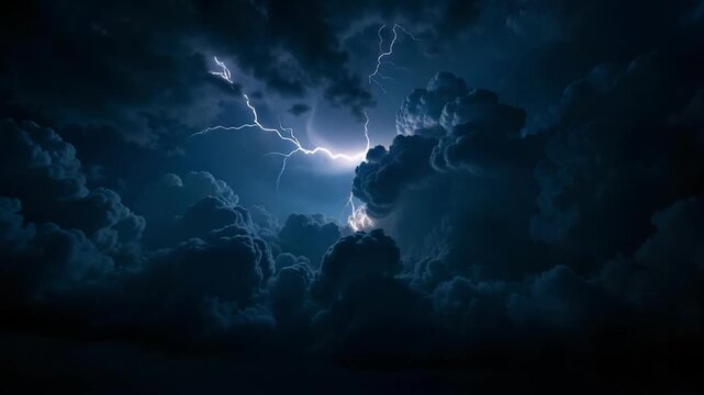 Witness a powerful monsoon cyclone from above, its swirling clouds illuminated by a dramatic lightning bolt piercing the stormy sky in stunning 4K.