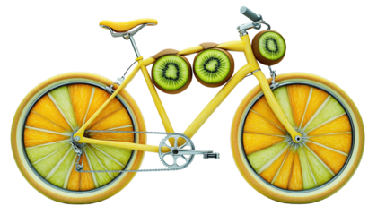 Bicycle with vibrant fruit wheels, featuring orange slices and kiwi, creates playful and imaginative design. combination of citrus and tropical elements adds fresh, creative twist., isolated