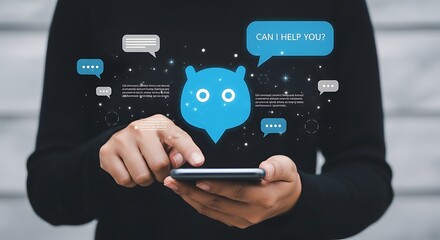 Person using smartphone with chatbot interface and speech bubbles, digital assistance concept