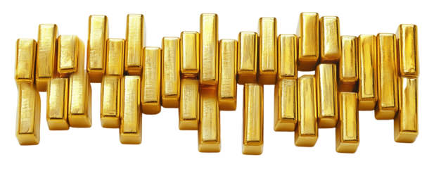 Golden bars stacked in bar chart formation, creating visually striking and luxurious appearance. arrangement suggests wealth and financial growth., isolated