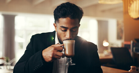 Businessman, cafe or drinking with coffee in luxury resort or hotel for hospitality or check in....