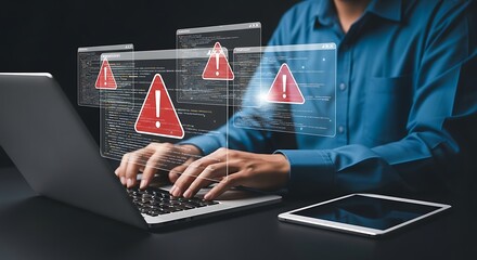 Person Working on Laptop with Error Messages Overlay