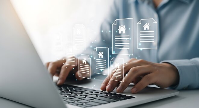 Person Working on Laptop with Holographic Document Icons