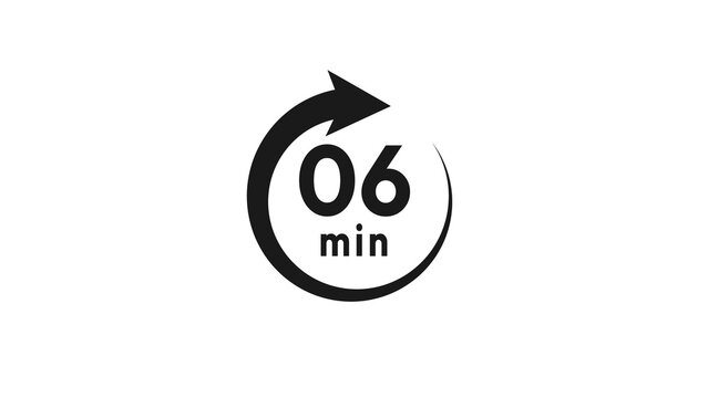 6 minutes countdown timer clock illustration.