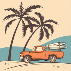 Retro Orange Pickup Truck with Surfboards, Palm Trees, Beach Scene: Vintage Summer Vibe