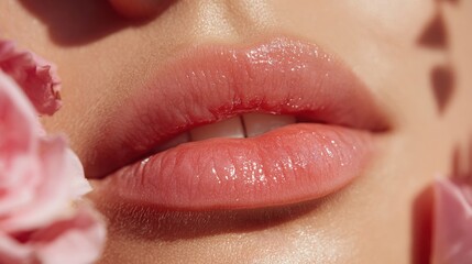 Close-up of glossy pink lips surrounded by soft pink flowers, highlighting beauty and femininity.