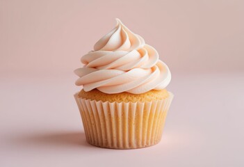 Vanilla Cupcake with Swirled Frosting on Soft Pink Background,  Vanilla cupcake with frosting