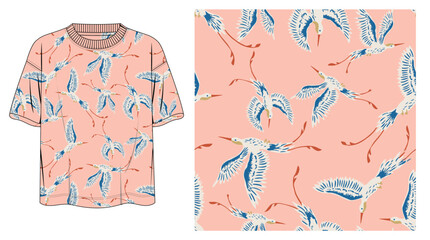 Elegant crane bird seamless pattern with blue and coral tones on a peach background, perfect for girls’ t-shirts, kidswear, textile prints, and summer fashion collections