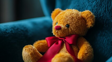 Adorable plush teddy bear with a red bow tie sits comfortably on a soft, blue velvet armchair looking warm and inviting.