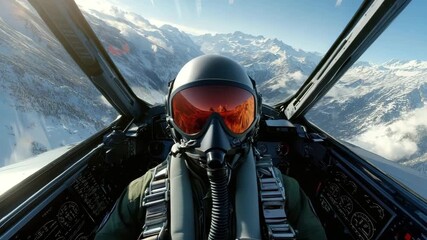 Pilot helmet fighter jet cockpit interior mountain landscape snow peak aviation gear flight suit aerial view reflection goggles blue sky jet pilot cockpit view helmet oxygen mask flying over snowy - Powered by Adobe