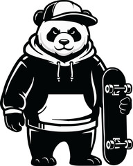 Cartoon panda wearing a hoodie and baseball cap, holding a skateboard.