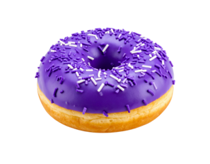 A single goldenfried donut with vibrant purple icing topped with purple and white sprinkles.