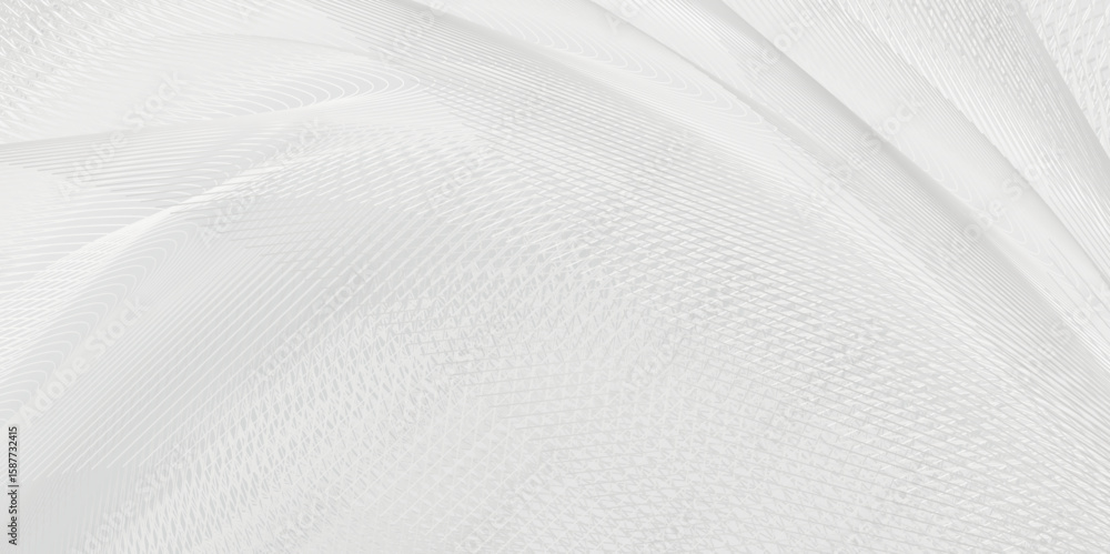 Poster showcases an abstract design with intricate, wave-like patterns in shades of white and light gray, f