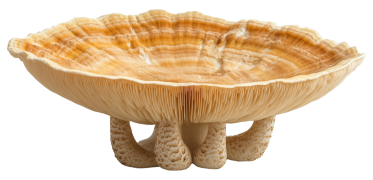 Large, orange mushroom cap shaped like satellite dish with intricate gills and textured surface, supported by three short, thick stems., isolated