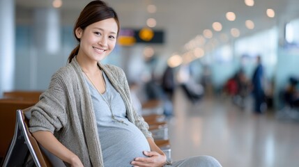 A pregnant woman is sitting in an airport waiting area, looking relaxed with a calm expression.
