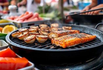 Close-up of sizzling scallops and salmon grilling on a black brazier at a summer market, heat, summer