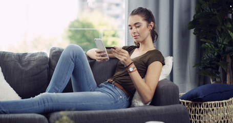 Woman, phone or sofa with credit card for ecommerce, online payment or purchase in home. Female...