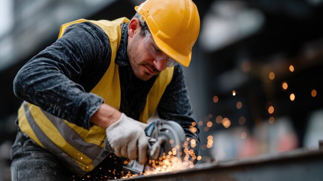 Construction worker using an angle grinder, wearing a yellow helmet and safety vest, with sparks flying in an industrial setting.