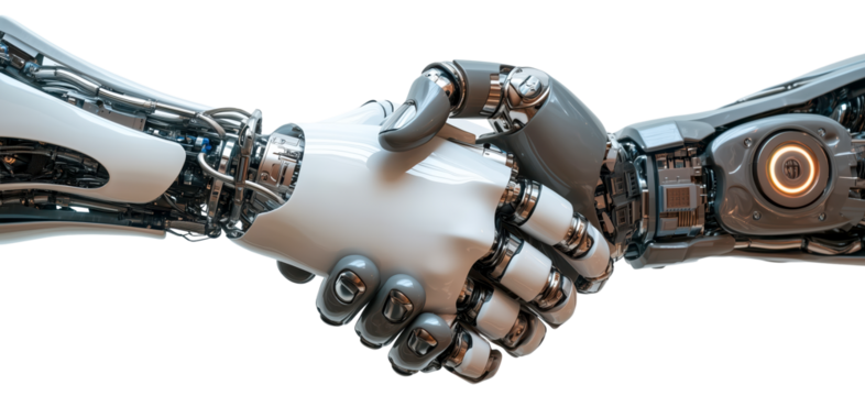 Two robotic arms engage in handshake, symbolizing collaboration and technology. mechanical hands are detailed, showcasing advanced engineering and futuristic design., isolated