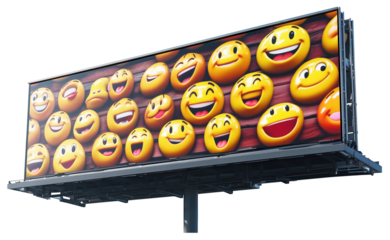 Large billboard displays vibrant array of animated emojis with various joyful expressions, set against wooden background. colorful and playful design captures attention., isolated