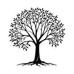 Silhouette of a mature tree with intricate details in a simple, elegant design. Full-view of a tree with visible roots against a plain white background.