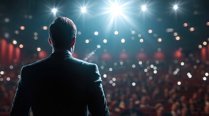 Business speaker presenting on stage, conveying leadership and vision with dynamic presence