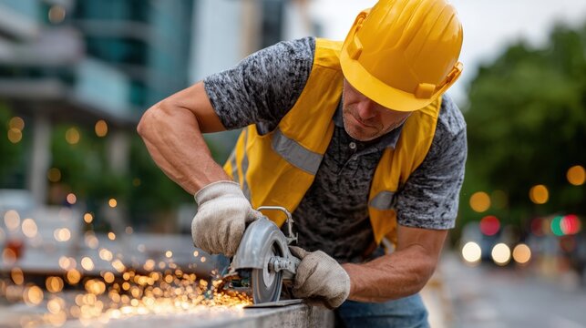 Construction worker using an angle grinder, creating sparks, wearing a yellow hard hat and safety vest, focused on metalwork outdoors.