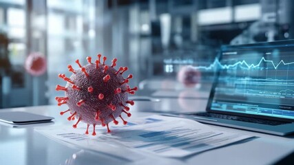 3D virus model laptop data chart office desk medical research pandemic analysis digital health virus pandemic data analysis infection disease health medical research science coronavirus epidemic - Powered by Adobe