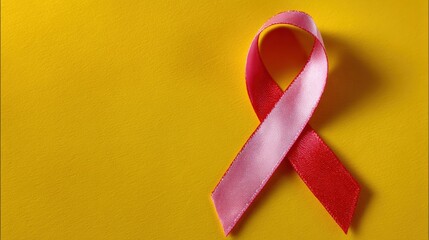 Pink ribbon symbolizing breast cancer awareness on a vibrant yellow background, highlighting hope and support.