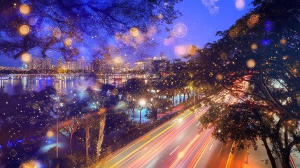 Night city highway lake reflections